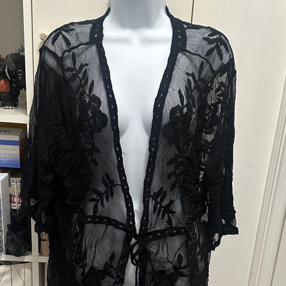 Hayden Black Lace Floral Kimono Swim Coverup